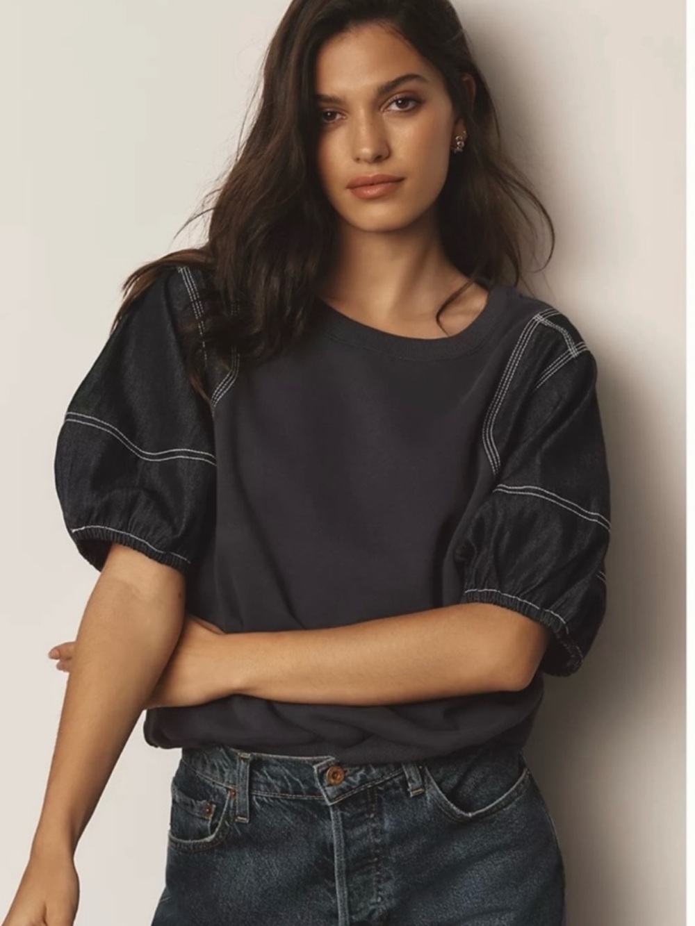 Pilcro Denim Sleeve Twofer Sweatshirt